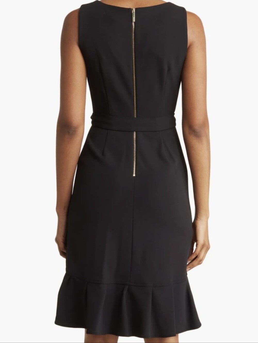 Calvin Klein Black Sleeveless Ruffle-Hem Dress with Waist Tie Gold Zipper Sz 14 - Picture 2 of 11